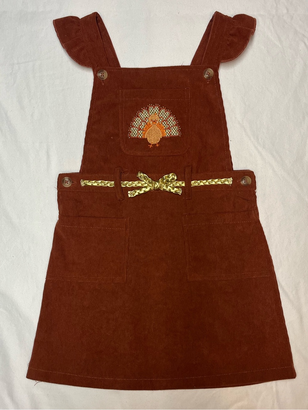 Little Lass Rust Corduroy Pinafore Overall Dress with Turkey Embroidery